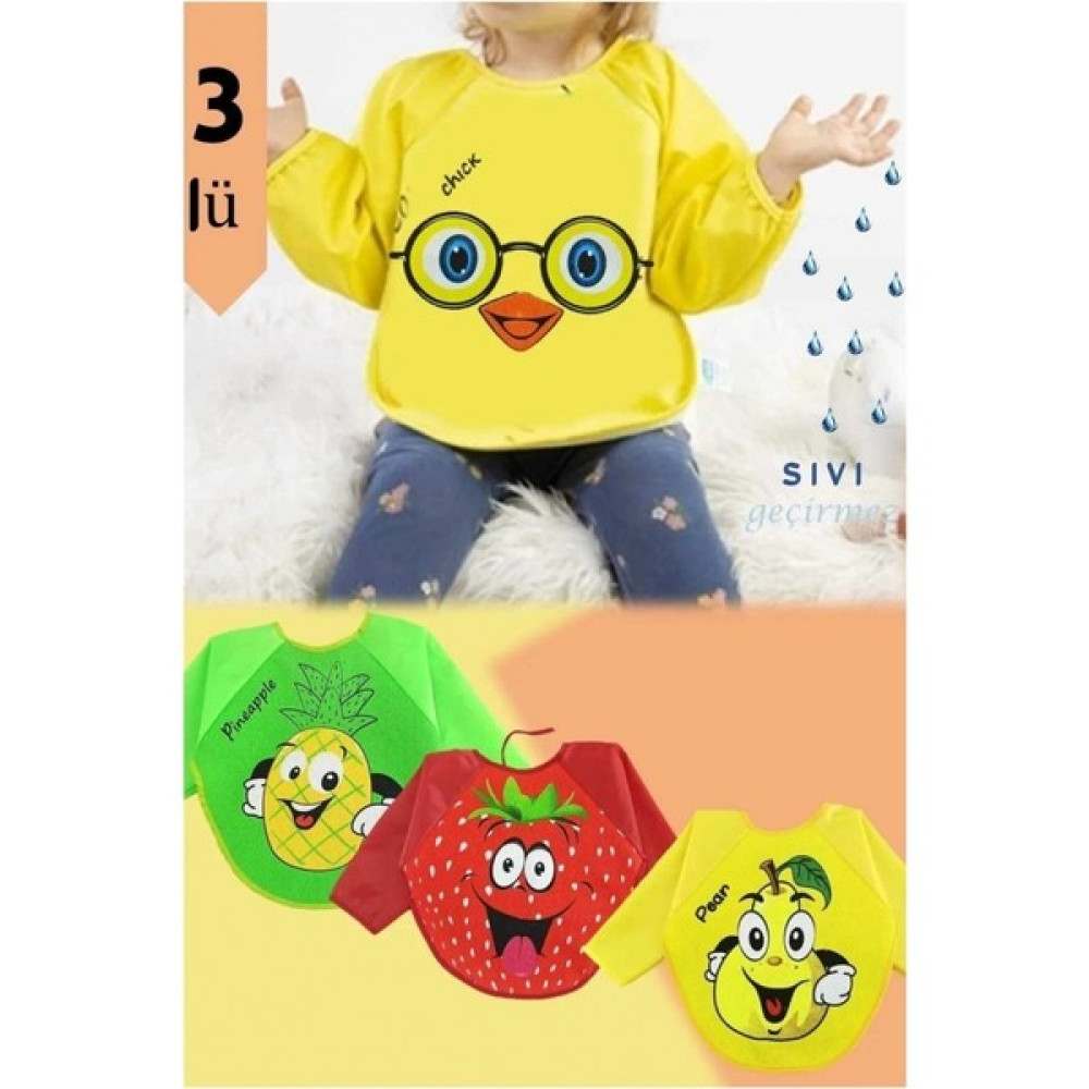 Diamondstar 3 Adet Çilek Armut Ananas Desen Su Geçirmez Kollu Bebek Mama Önlüğü 6-24 Ay - Renkli - 6 - 24 Ay Mama Önlüğü Fiyatı