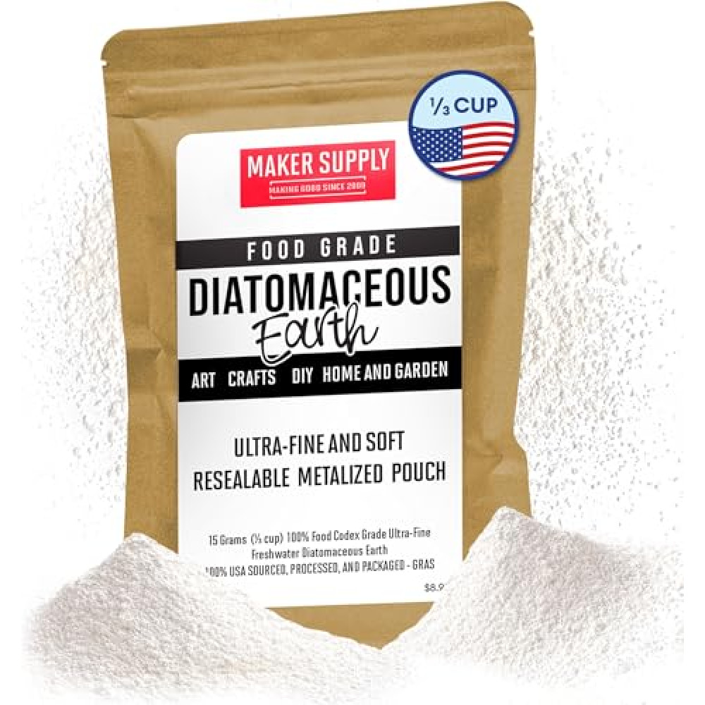 Diatomaceous Earth – Ultra-Fine Food Grade Freshwater DE – ⅓ Cup / 15g – Loved Because of Silky Soft Texture + Resealable Pouch – Perfect for Crafts, DIY, Home & Garden Small Projects MAKER SUPPLY