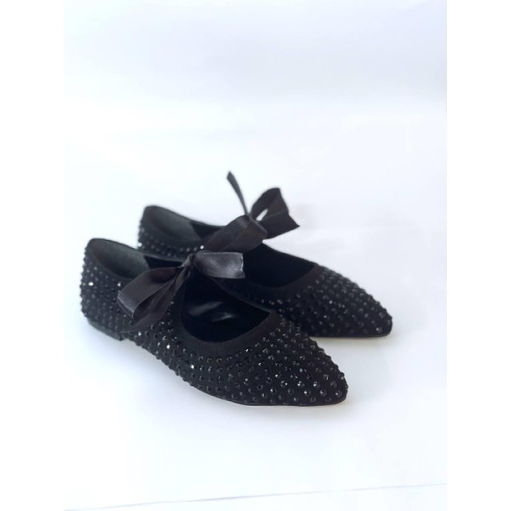 Dicle Polat Shoes Pael Siyah Sivri Burun Taşlı Kurdale Detaylı Kadın Babet Babetler Fiyatı