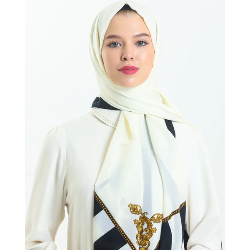 Didari Butik Luxury Prestij Serisi Medine Ipeği Şık Tesettür Barok Desenli Abiye Ipek Uzun Şal Eşarp Beyaz Siyah Şal / Fular & Eşarp Fiyatı