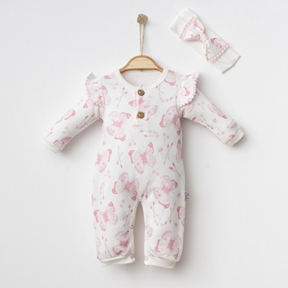 Didu Store Coşay Bebe Kız 0-3 - 3-6 - 6-9 Ay Kelebekli ve Güllü Saç Bantlı Tulum Bebek Tulumu Fiyatı