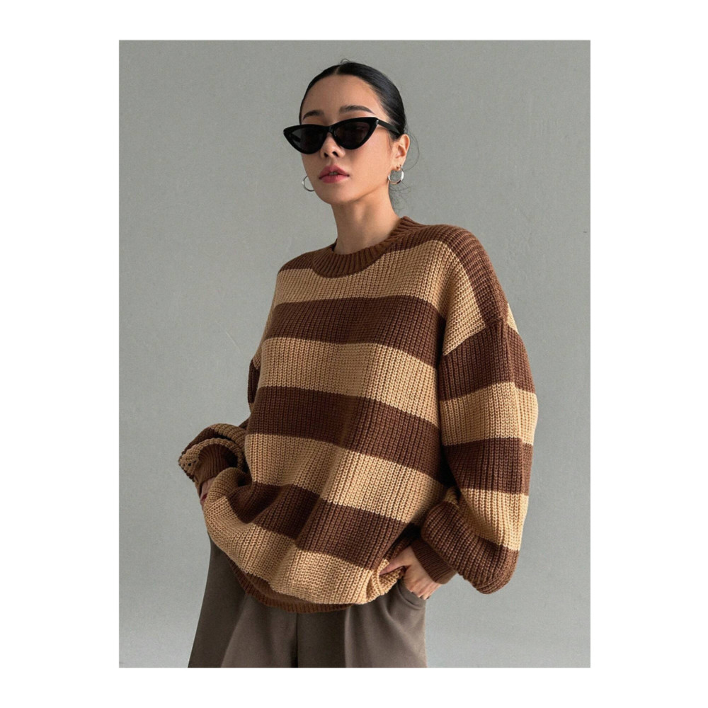 DİERMODA Kadın Çizgili Oversize Triko Kazak L Beden Bayan Kazak & Süveter & Triko Fiyatı