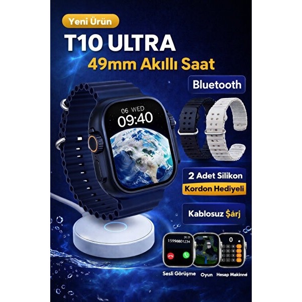 Digi Monster Digimonster T10 Ultra Watch 8 Ultra Kasa 49MM Akıllı Saat 2 Kordon Hediyeli - Siyah Diğer Fiyatı