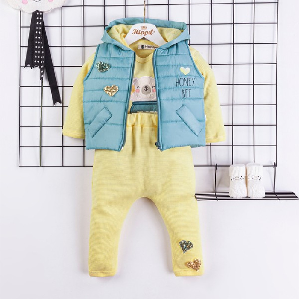Digidi Kids Honey Bee Kalpli Detay Sarı Takım -Kapüşonlu Mint Şişme Yelek 3lü Takım Bebek Giysi Takım Fiyatı
