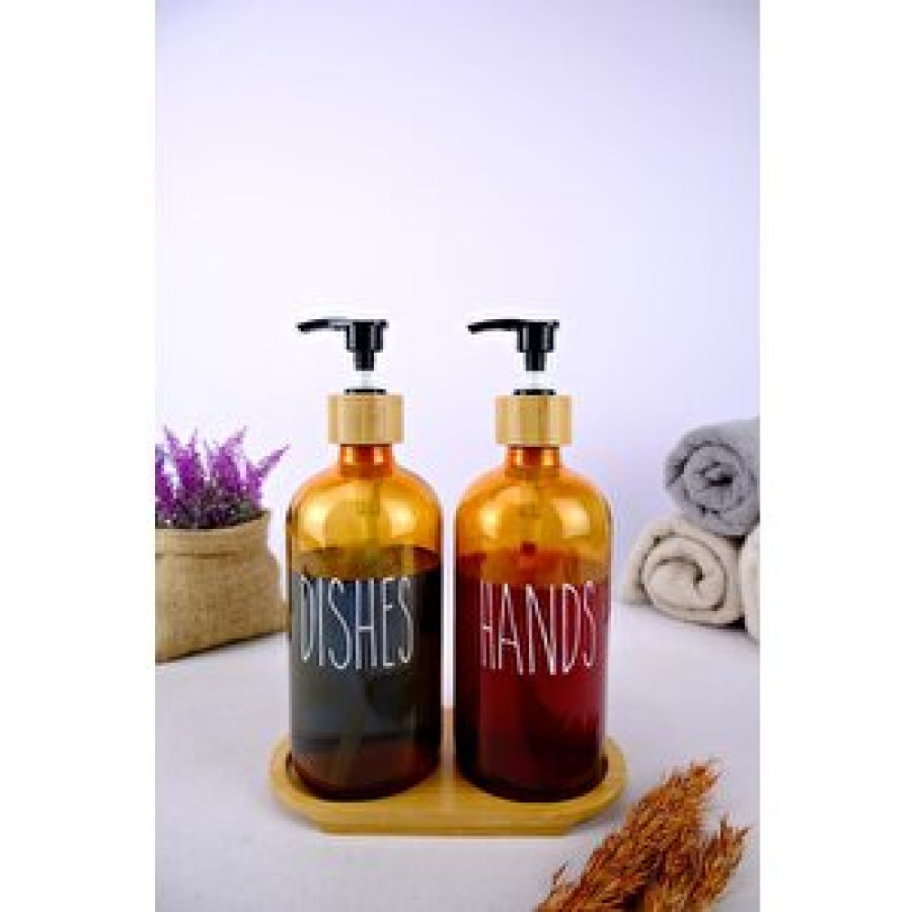 Digithome 2’li Ahşap Standlı Cam Sıvı Sabun Ve Bulaşık Deterjanı Şişesi Sabunluk Amber 500 Ml - D/11 C1-1-289 Sabunluk Fiyatı