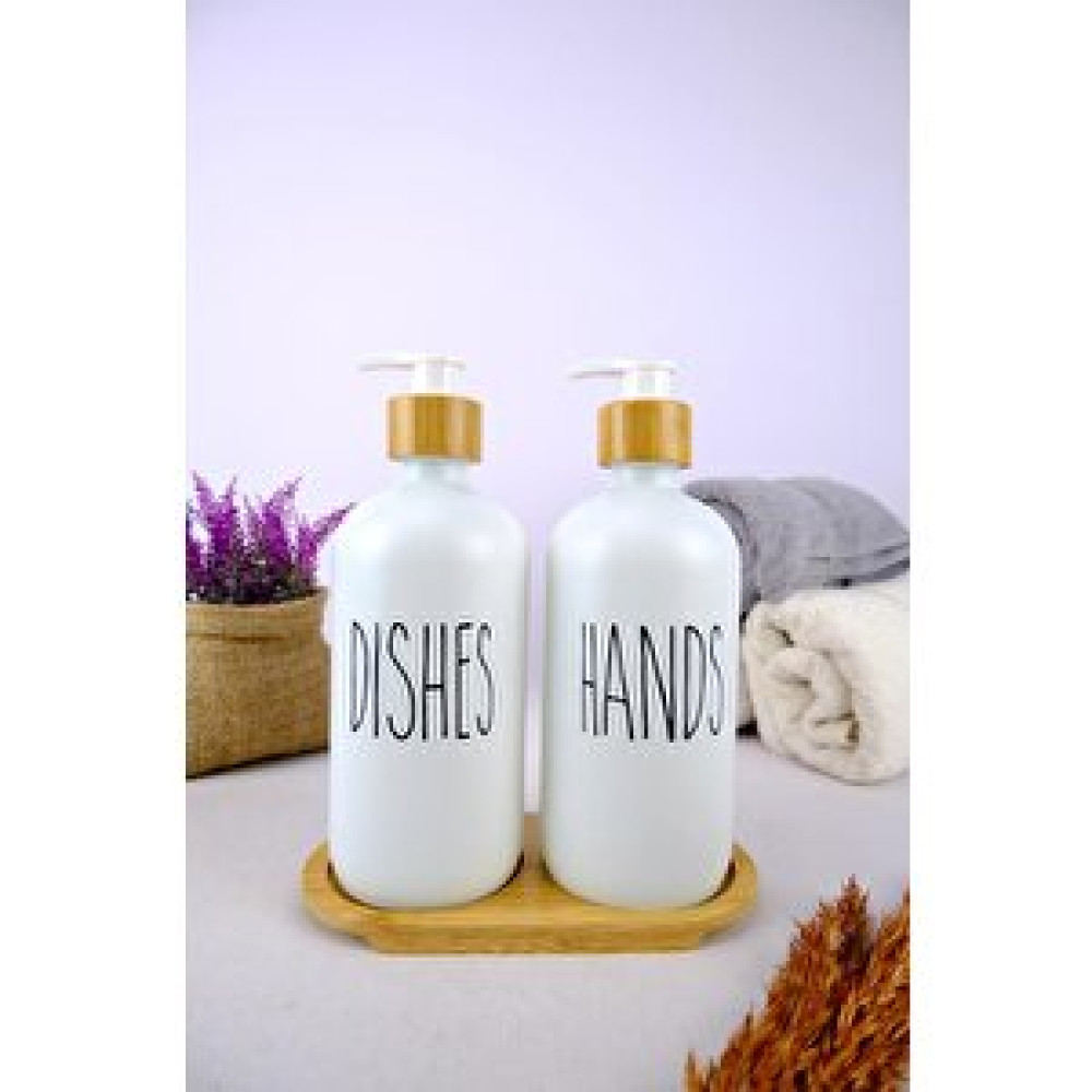 Digithome 2’li Ahşap Standlı Cam Sıvı Sabun Ve Bulaşık Deterjanı Şişesi Sabunluk Beyaz 500 Ml - G/13 C1-1-289 Sabunluk Fiyatı