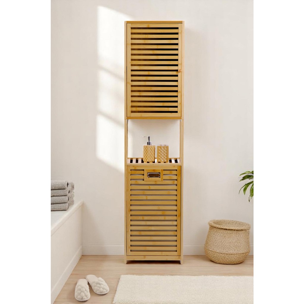 Digithome Bambu Kirli Sepetli 1 Raflı Kapaklı Banyo Dolabı Banyo Düzenleyici Çamaşır Sepeti Organizer DB-0010 - Kahverengi - 5 Banyo Dolabı / Mobilyası Fiyatı