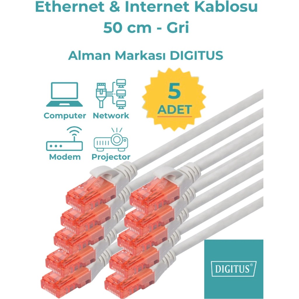 Digitus Ethernet & Internet Kablosu - 5 Adet - Cat6 Gri (50 cm - 0,5 Metre) Diğer Fiyatı