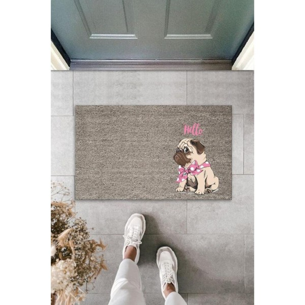 Diji Baby Dijital Baskı Gri Hello Yazılı Pembe Fiyonklu Köpek Dekoratif Kapı Paspası K-2070 - 45 x 70 cm - Renkli Paspas Fiyatı