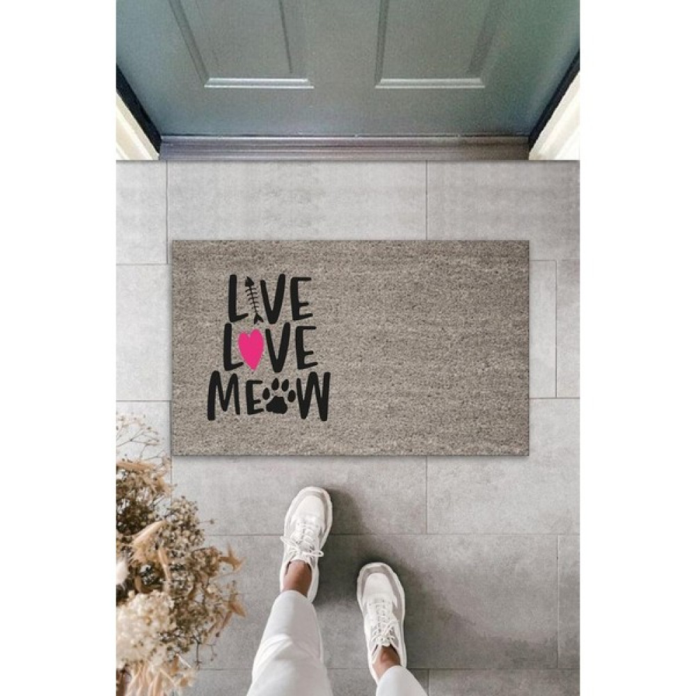 Diji Baby Dijital Baskı Gri Pembe Kalpli Kılçıklı Love Meow Dekoratif Kapı Paspası K-2047 - 45 x 70 cm - Renkli Paspas Fiyatı