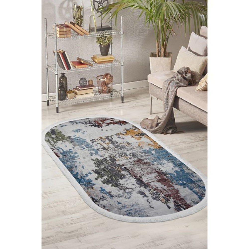 Diji Dekor Dekoratif Dijital Saçaklı Oval Halı Antialaerjik Modern Mavi 80 x 50 cm Salon Halısı Fiyatı