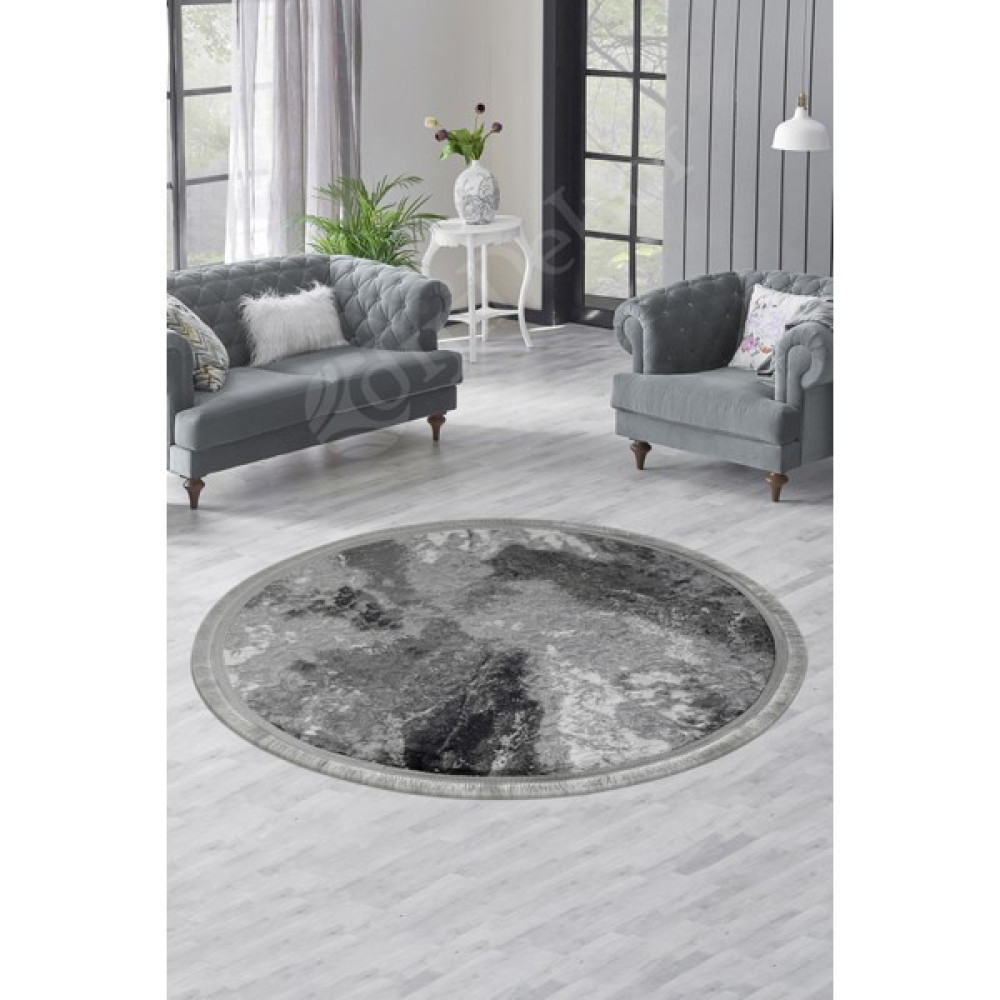 Diji Dekor Delüxe Halı Antrasit Saçaklı Deri Taban Yuvarlak Halı Yeni Kabartmalı Model Salon Halısı - 80 x 80 cm Salon Halısı Fiyatı