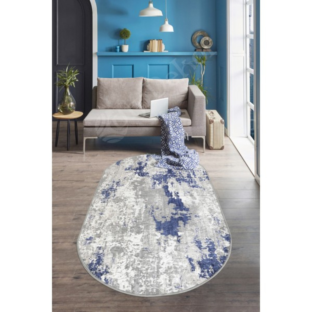 Diji Dekor Delüxe Halı Lacivert Gri Saçaksız Deri Taban Oval Halı Yeni Kabartmalı Model Salon Halısı - 40 x 60 cm Salon Halısı Fiyatı
