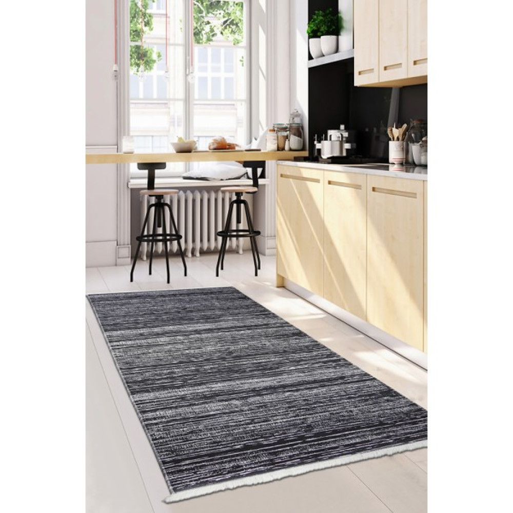 Diji Dekor Kaymaz Taban Dijital Halı Yıkanabilir Salon Banyo Antre Mutfak Halısı Gri Siyah 80 x 150 cm Yolluk Fiyatı