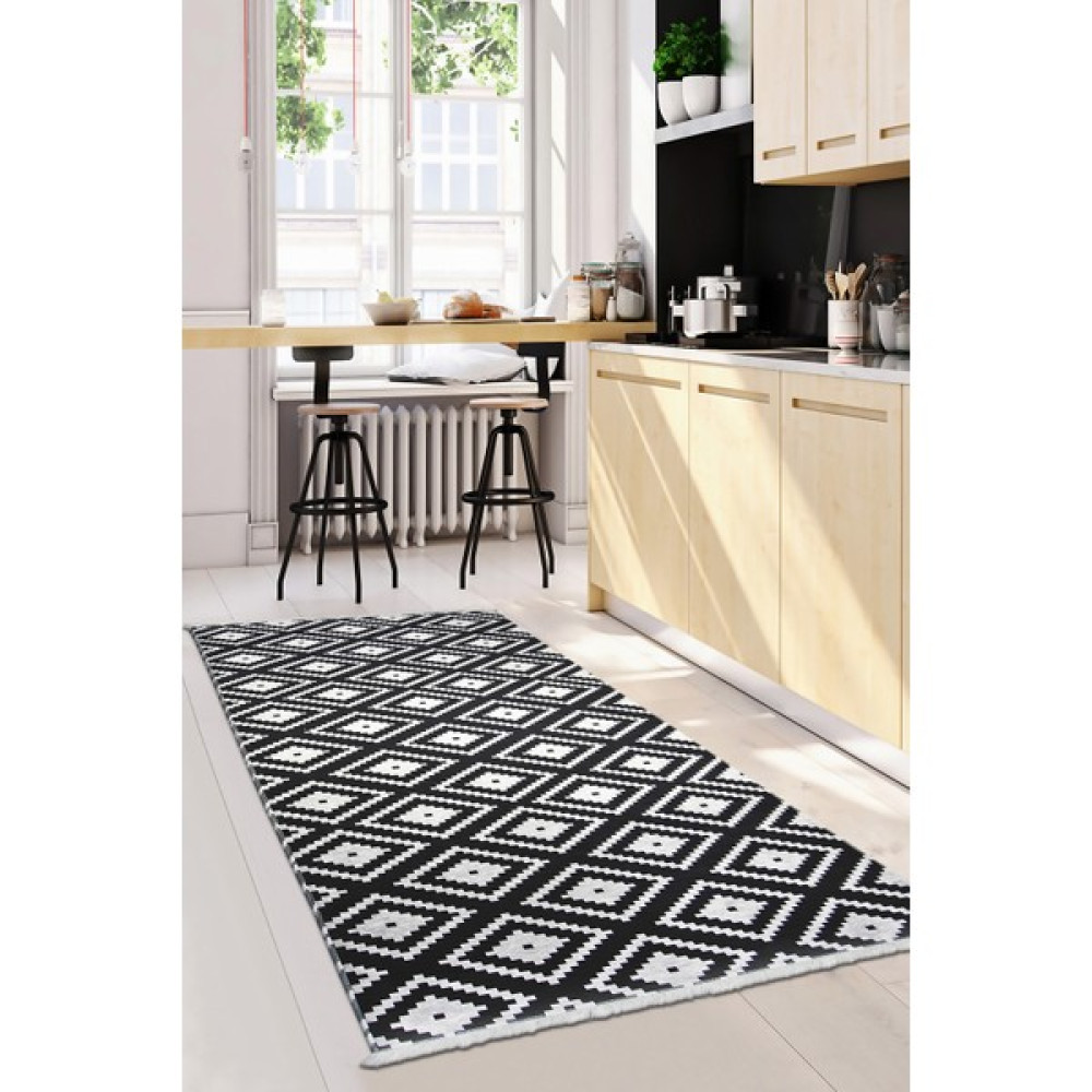 Diji Dekor Kaymaz Taban Dijital Halı Yıkanabilir Salon Banyo Antre Mutfak Halısı Siyah Beyaz 80 x 50 cm - Siyah - Beyaz Yolluk Fiyatı