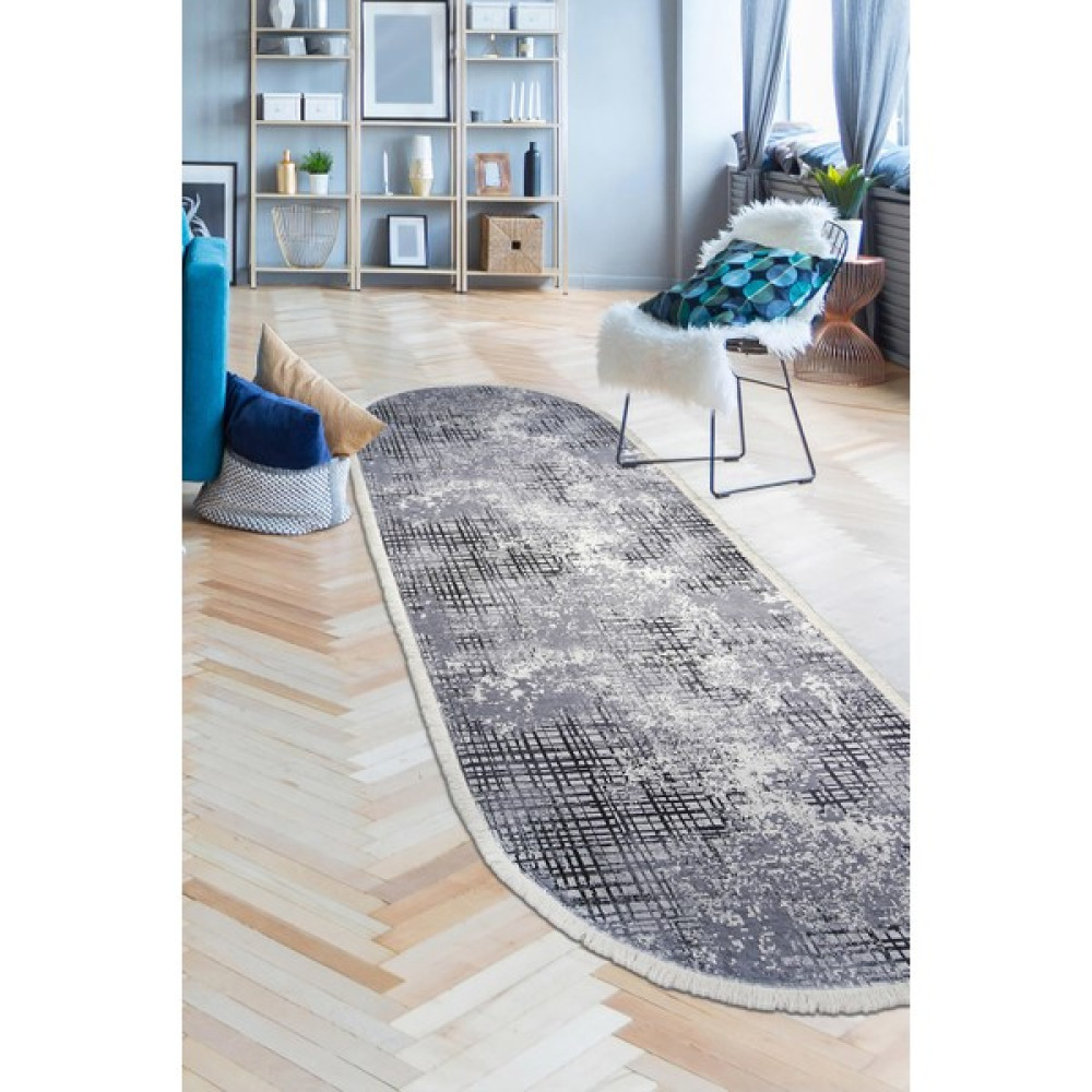 Diji Dekor Kaymaz Taban Dijital Oval Halı Salon Banyo Oda Koridor Mutfak Halısı 8881 Siyah 80 x 150 cm - Gri Yolluk Fiyatı