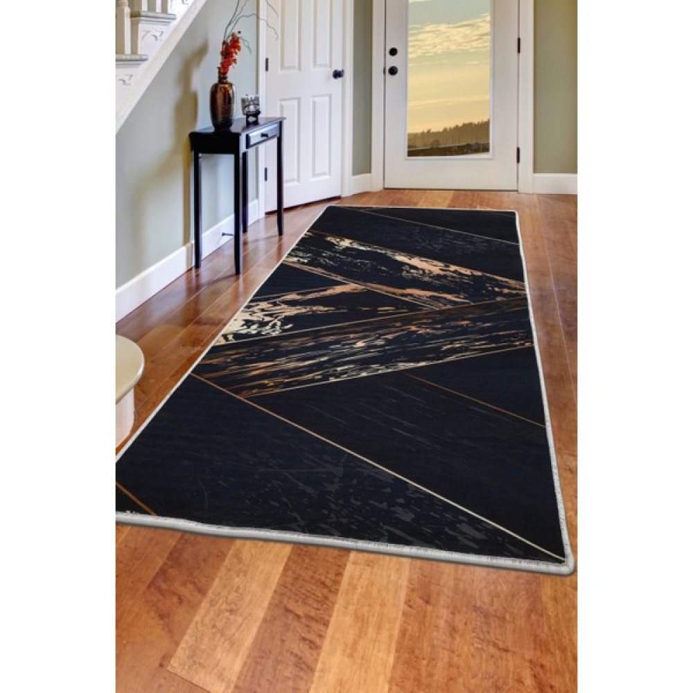 Diji Dekor Siyah Gold Saçaksız Dijital Halı Kaymaz Yıkanabilir Iskandinav Yolluk 100 x 550 cm - Gold - Siyah Yolluk Fiyatı