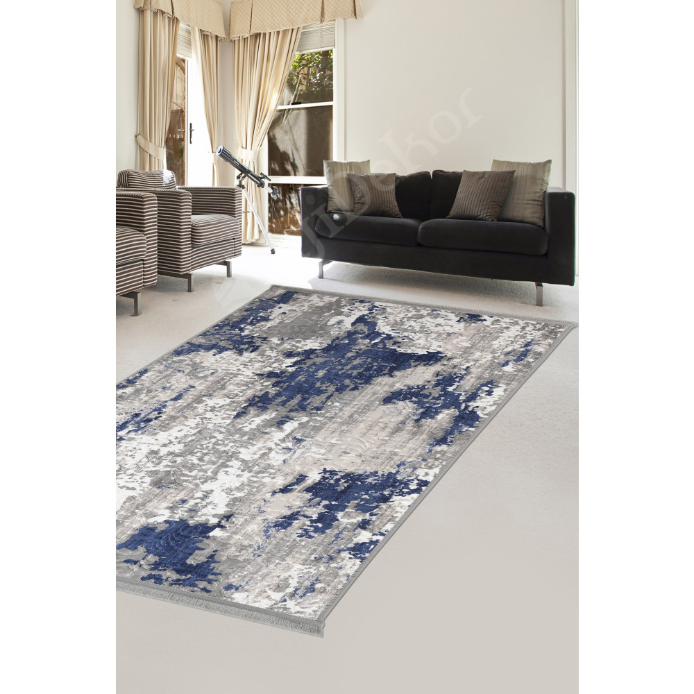 Dijidekor Delüxe Lacivert Gri Saçaklı Deri Taban Yeni Kabartmalı Model Salon Halısı 140 x 350 Beden Kilim Fiyatı
