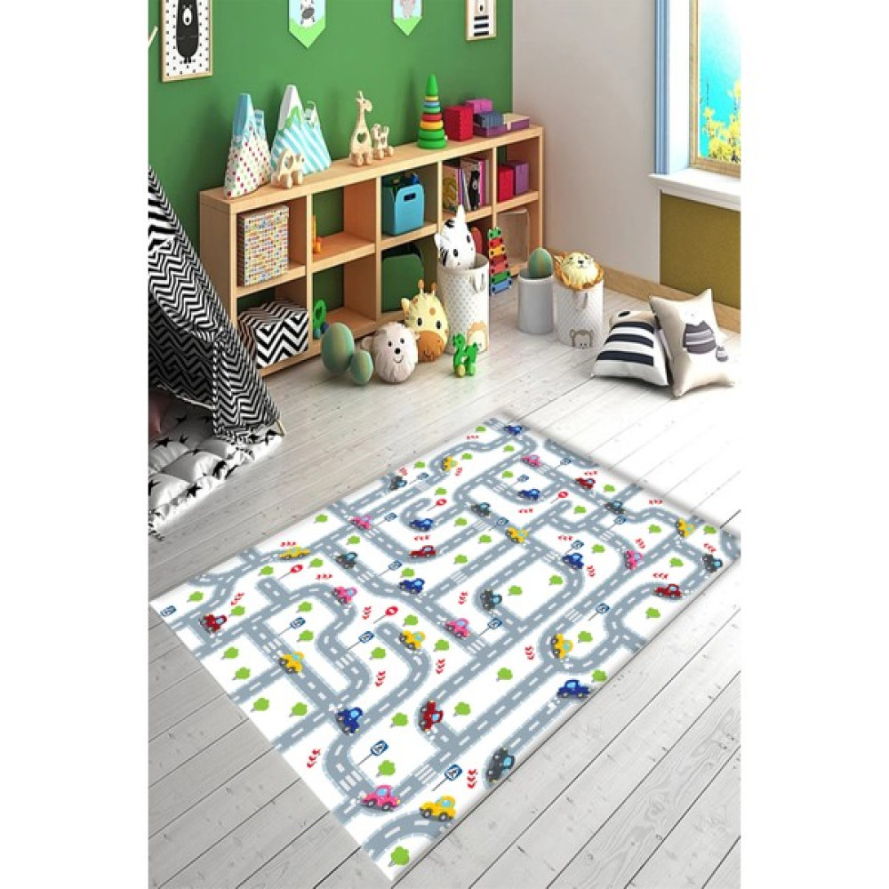 Dijital Baskılı Kaymaz Taban Yıkanabilir Yarış Arabalı Trafik Yolu Eğitici Seksek Oyun Halısı - 100 x 160 cm - Beyaz Bebek Odası Halı Fiyatı