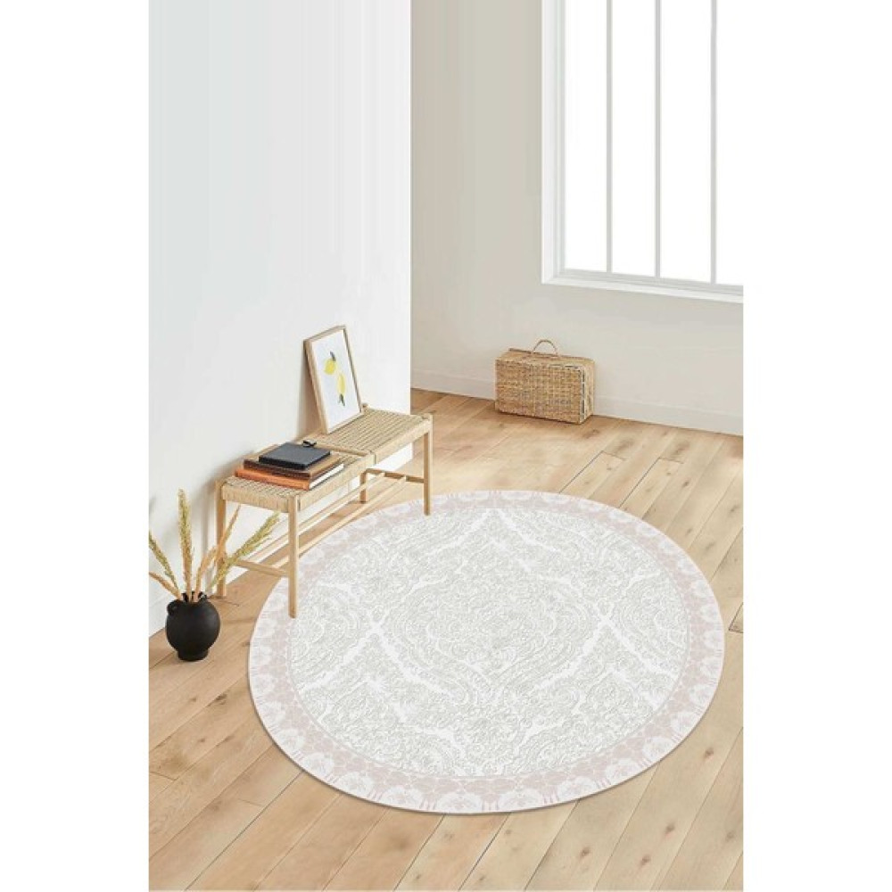 Dijital Baskılı Kaymaz Taban Yıkanabilir Yuvarlak Salon Halısı Koridor Halısı Paspas NDY-HT-391 - 160 x 160 cm - Bej Salon Halısı Fiyatı