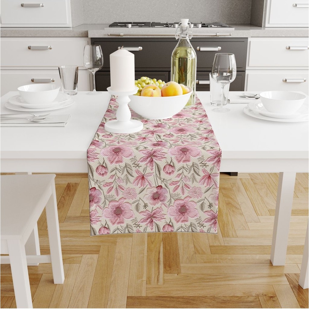 Dijital Baskılı Runner - Bahar Çiçek Desenli - Nakış Görünümlü - 140X40 cm - 140 x 40 cm - Pembe Runner Fiyatı