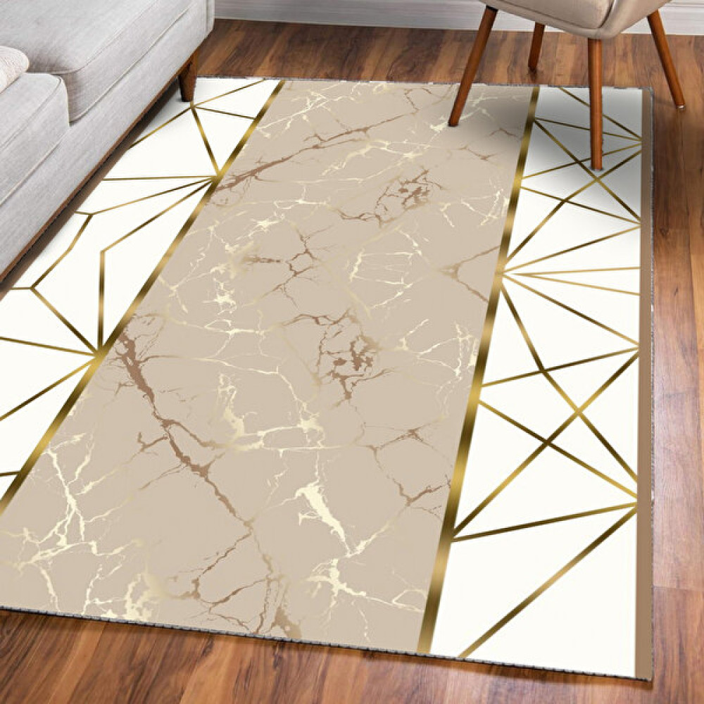 Dijital Baskılı Yıkanabilir Dot Taban Kaymaz Halı Yolluk Mutfak Salon Koridor Halısı - 100 x 100 cm - Beyaz - Gold Salon Halısı Fiyatı