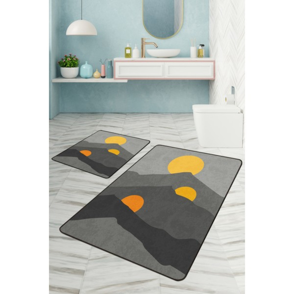 Dijital Baskılı Yıkanabilir Kaymaz Kaydırmaz Dot Taban Dekoratif Modern Banyo Paspas Takımı(Bps-01) - Gri - Kaymaz Taban Klozet Takımı Fiyatı