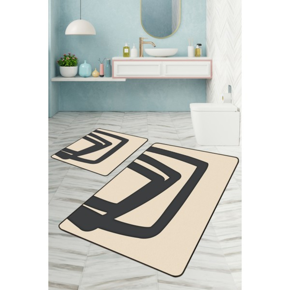 Dijital Baskılı Yıkanabilir Kaymaz Kaydırmaz Dot Taban Dekoratif Modern Banyo Paspas Takımı(Bps-03) - Krem - Kaymaz Taban Klozet Takımı Fiyatı