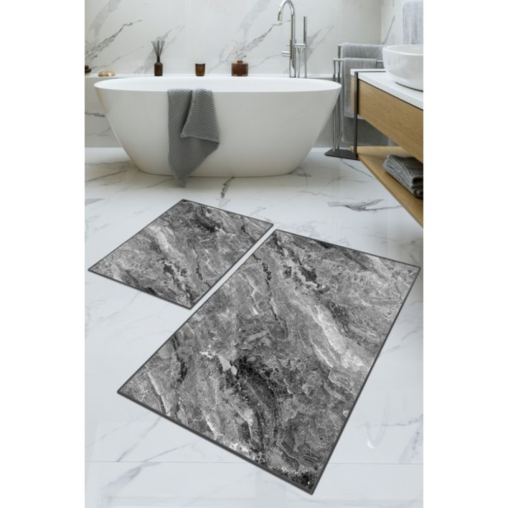 Dijital Baskılı Yıkanabilir Kaymaz Kaydırmaz Dot Taban Dekoratif Modern Banyo Paspas TAKIMI(BPS-103) - Gri - Kaymaz Taban Klozet Takımı Fiyatı