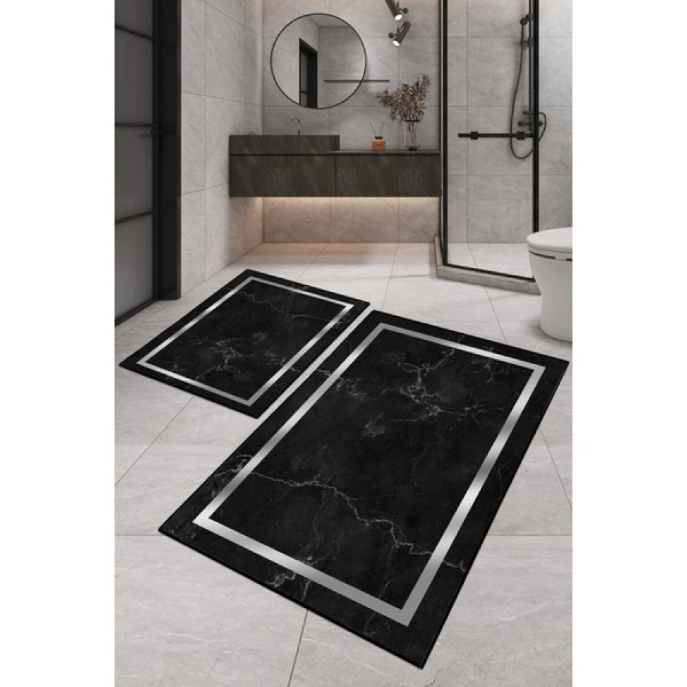 Dijital Baskılı Yıkanabilir Kaymaz Kaydırmaz Dot Taban Dekoratif Modern Banyo Paspas TAKIMI(BPS-105) - Siyah - Kaymaz Taban Klozet Takımı Fiyatı