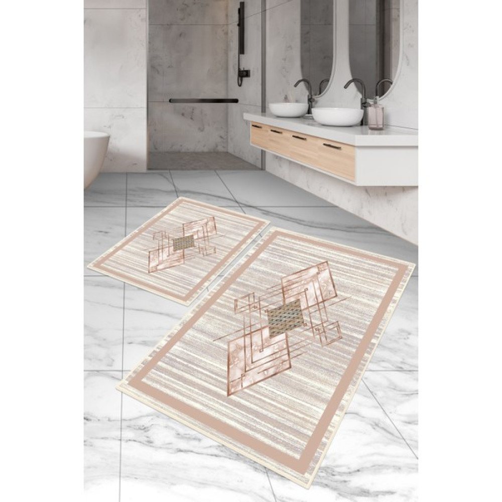 Dijital Baskılı Yıkanabilir Kaymaz Kaydırmaz Dot Taban Dekoratif Modern Banyo Paspas TAKIMI(BPS-113) - Krem - Kaymaz Taban Klozet Takımı Fiyatı