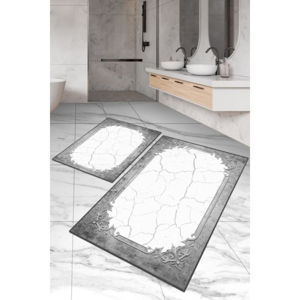 Dijital Baskılı Yıkanabilir Kaymaz Kaydırmaz Dot Taban Dekoratif Modern Banyo Paspas TAKIMI(BPS-136) - Krem - Kaymaz Taban Klozet Takımı Fiyatı