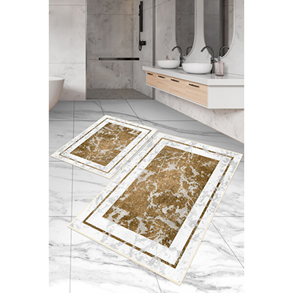 Dijital Baskılı Yıkanabilir Kaymaz Kaydırmaz Dot Taban Dekoratif Modern Banyo Paspas TAKIMI(BPS-147) - Krem - Kaymaz Taban Klozet Takımı Fiyatı