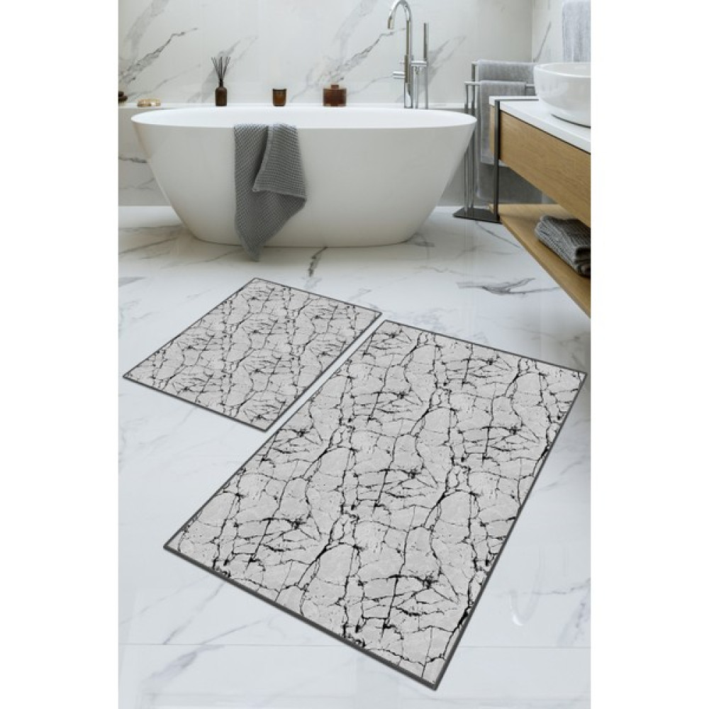 Dijital Baskılı Yıkanabilir Kaymaz Kaydırmaz Dot Taban Dekoratif Modern Banyo Paspas TAKIMI(BPS-2614) - Gri - Kaymaz Taban Klozet Takımı Fiyatı