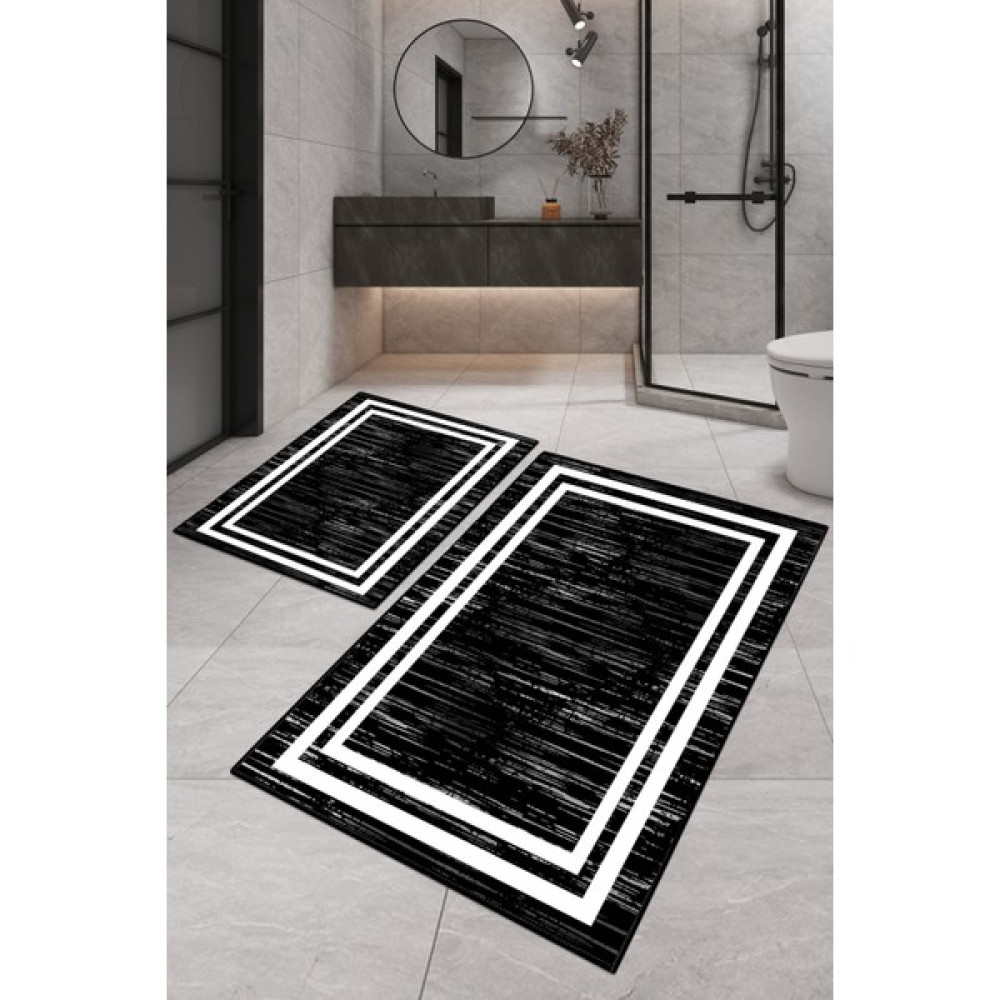 Dijital Baskılı Yıkanabilir Kaymaz Kaydırmaz Dot Taban Dekoratif Modern Banyo Paspas Takımı(Bps-32) - Siyah - Kaymaz Taban Klozet Takımı Fiyatı