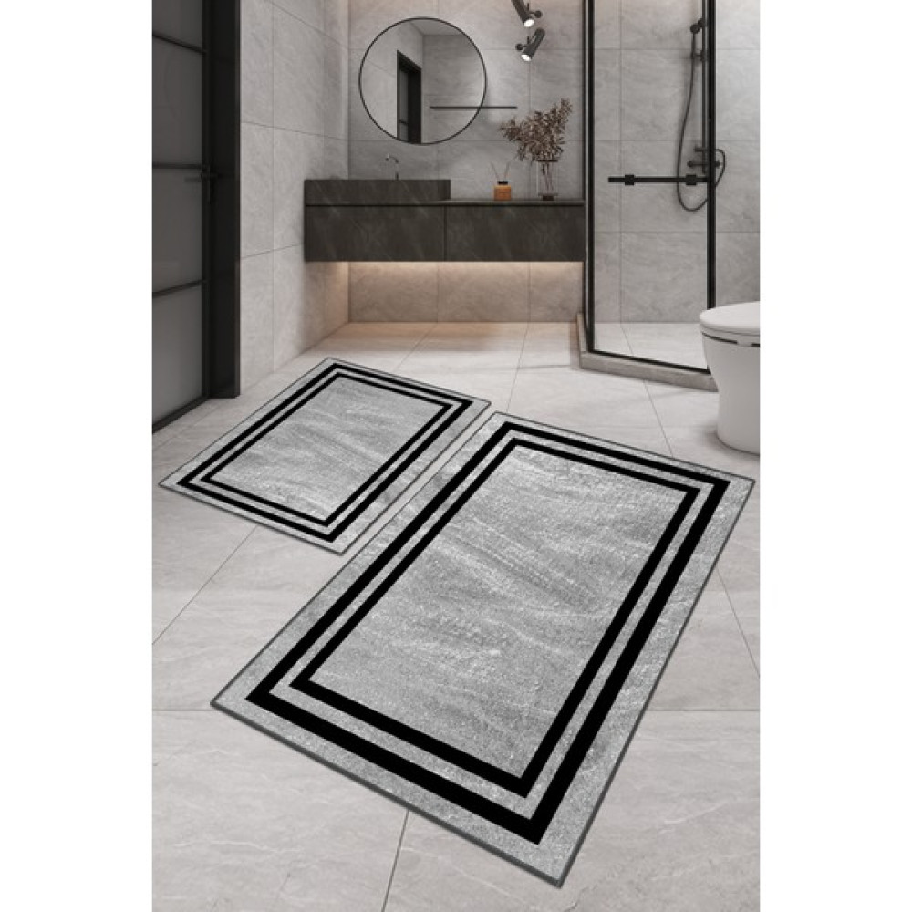 Dijital Baskılı Yıkanabilir Kaymaz Kaydırmaz Dot Taban Dekoratif Modern Banyo Paspas Takımı(Bps-40) - Gri - Kaymaz Taban Klozet Takımı Fiyatı