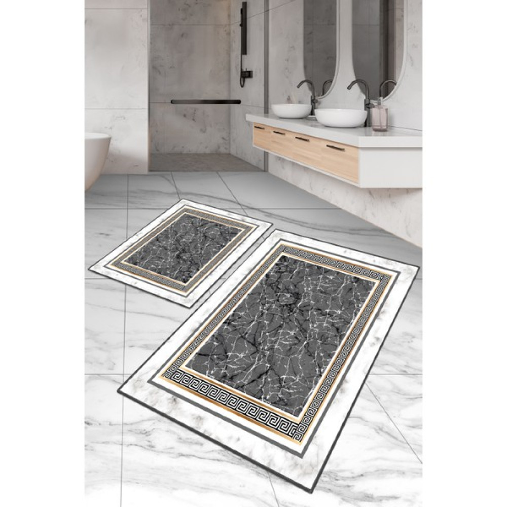 Dijital Baskılı Yıkanabilir Kaymaz Kaydırmaz Dot Taban Dekoratif Modern Banyo Paspas TAKIMI(BPS-405) - Gri - Kaymaz Taban Klozet Takımı Fiyatı
