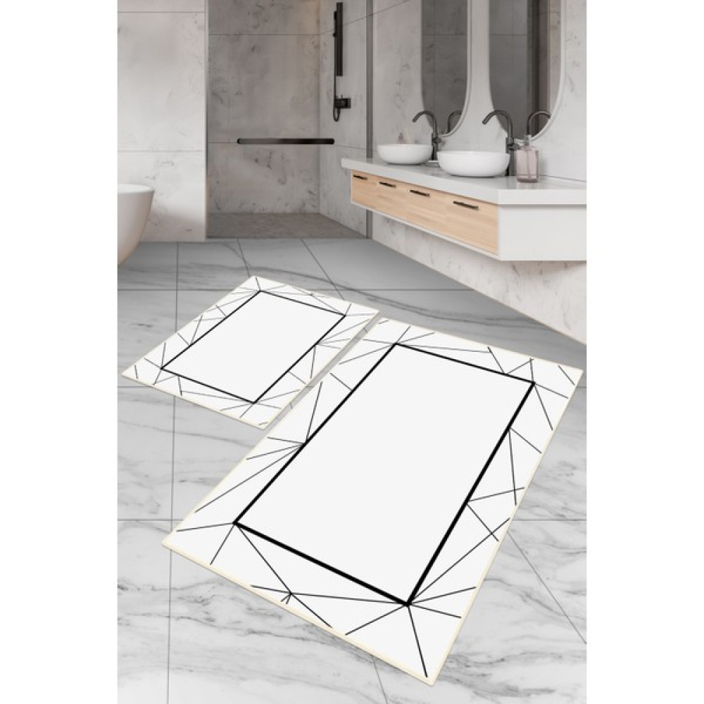 Dijital Baskılı Yıkanabilir Kaymaz Kaydırmaz Dot Taban Dekoratif Modern Banyo Paspas TAKIMI(BPS-500) - Krem - Kaymaz Taban Klozet Takımı Fiyatı