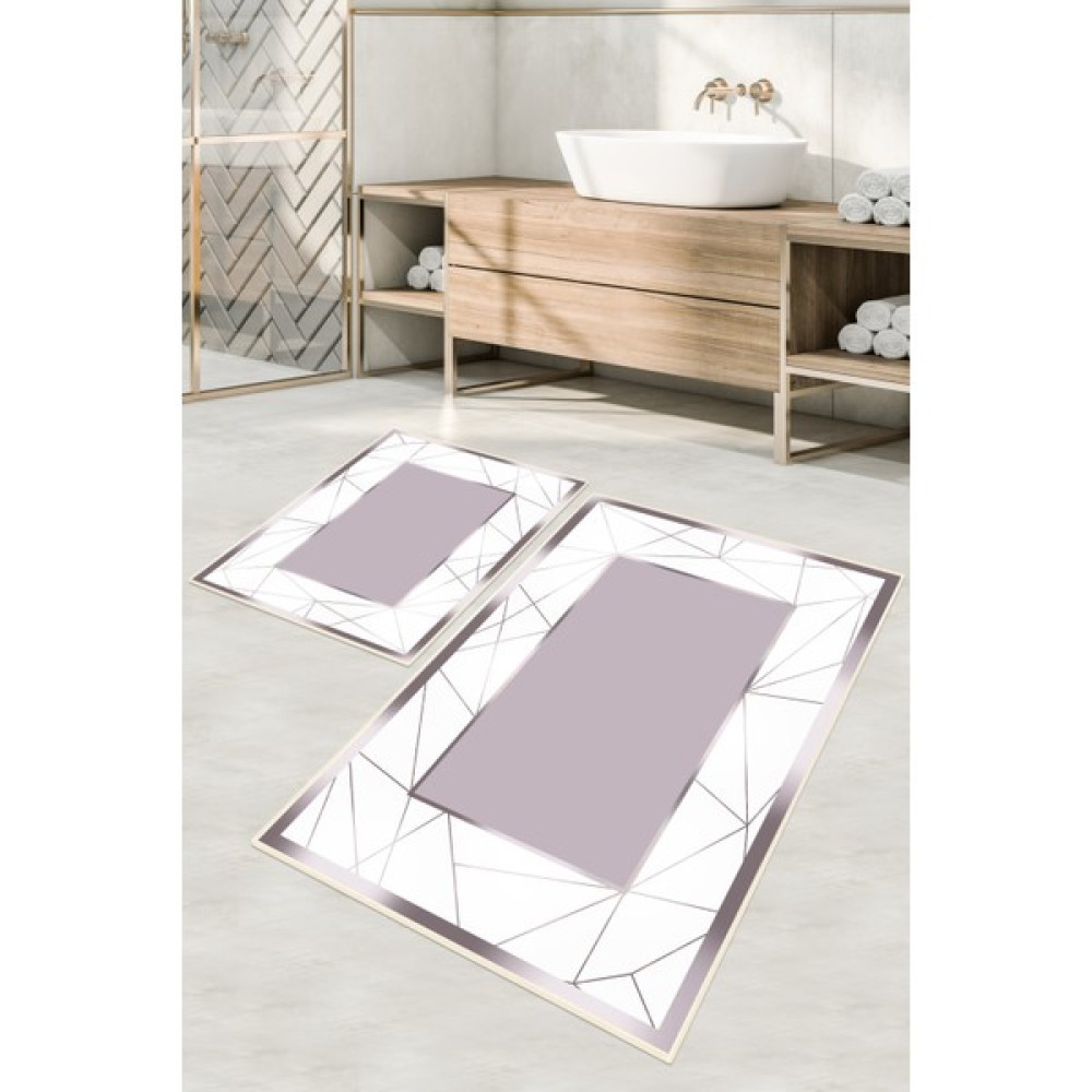 Dijital Baskılı Yıkanabilir Kaymaz Kaydırmaz Dot Taban Dekoratif Modern Banyo Paspas TAKIMI(BPS-532) - Krem - Kaymaz Taban Klozet Takımı Fiyatı