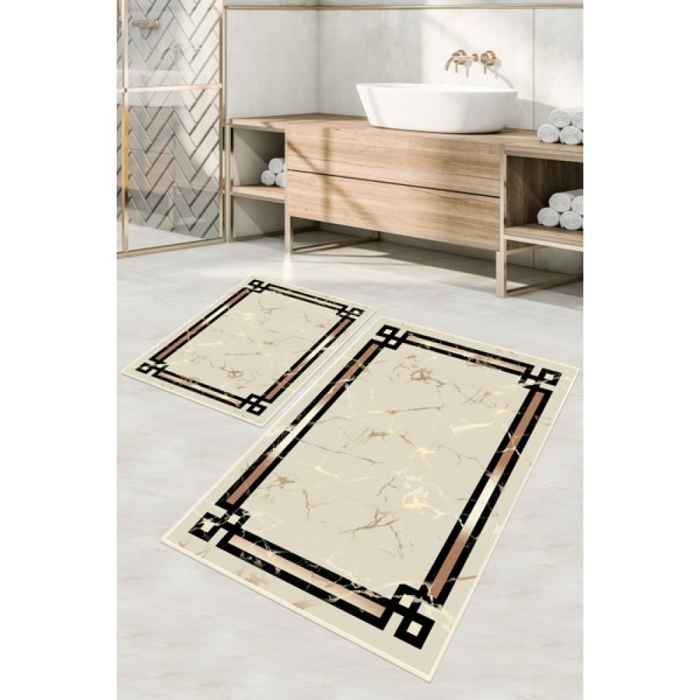 Dijital Baskılı Yıkanabilir Kaymaz Kaydırmaz Dot Taban Dekoratif Modern Banyo Paspas TAKIMI(BPS-535) - Krem - Kaymaz Taban Klozet Takımı Fiyatı