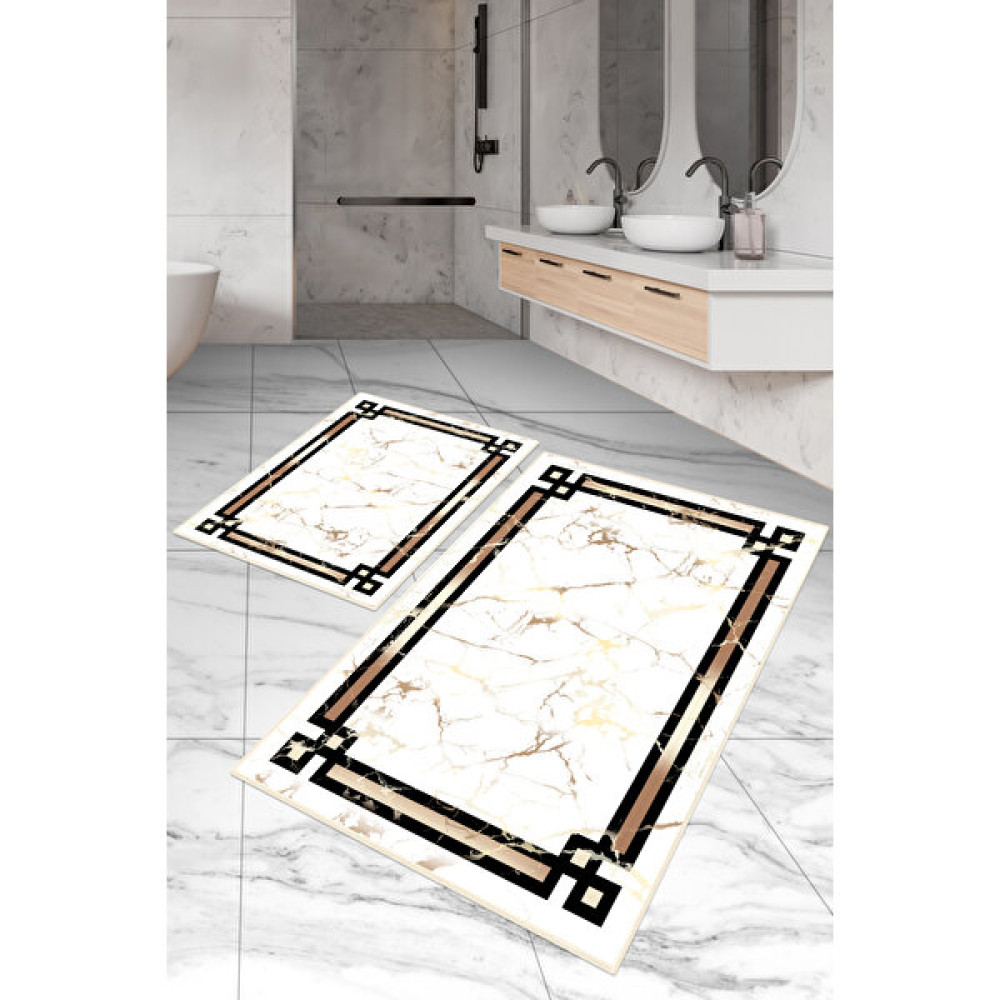 Dijital Baskılı Yıkanabilir Kaymaz Kaydırmaz Dot Taban Dekoratif Modern Banyo Paspas Takımı(Bps-55) - Krem - Kaymaz Taban Klozet Takımı Fiyatı