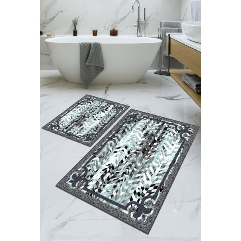 Dijital Baskılı Yıkanabilir Kaymaz Kaydırmaz Dot Taban Dekoratif Modern Banyo Paspas TAKIMI(BPS-749) - Gri - Kaymaz Taban Klozet Takımı Fiyatı