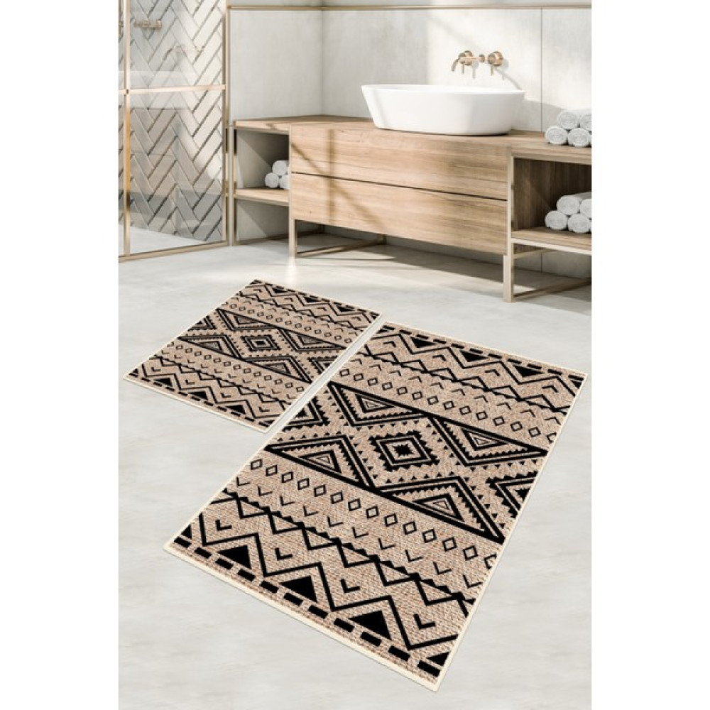 Dijital Baskılı Yıkanabilir Kaymaz Kaydırmaz Dot Taban Dekoratif Modern Banyo Paspas TAKIMI(BPS-761) - Krem - Kaymaz Taban Klozet Takımı Fiyatı