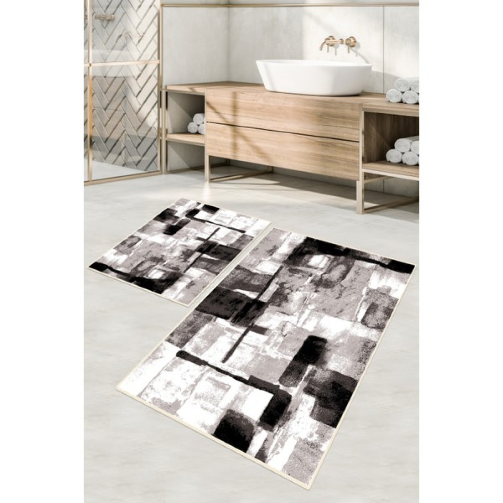 Dijital Baskılı Yıkanabilir Kaymaz Kaydırmaz Dot Taban Dekoratif Modern Banyo Paspas TAKIMI(BPS-796) - Siyah - Kaymaz Taban Klozet Takımı Fiyatı