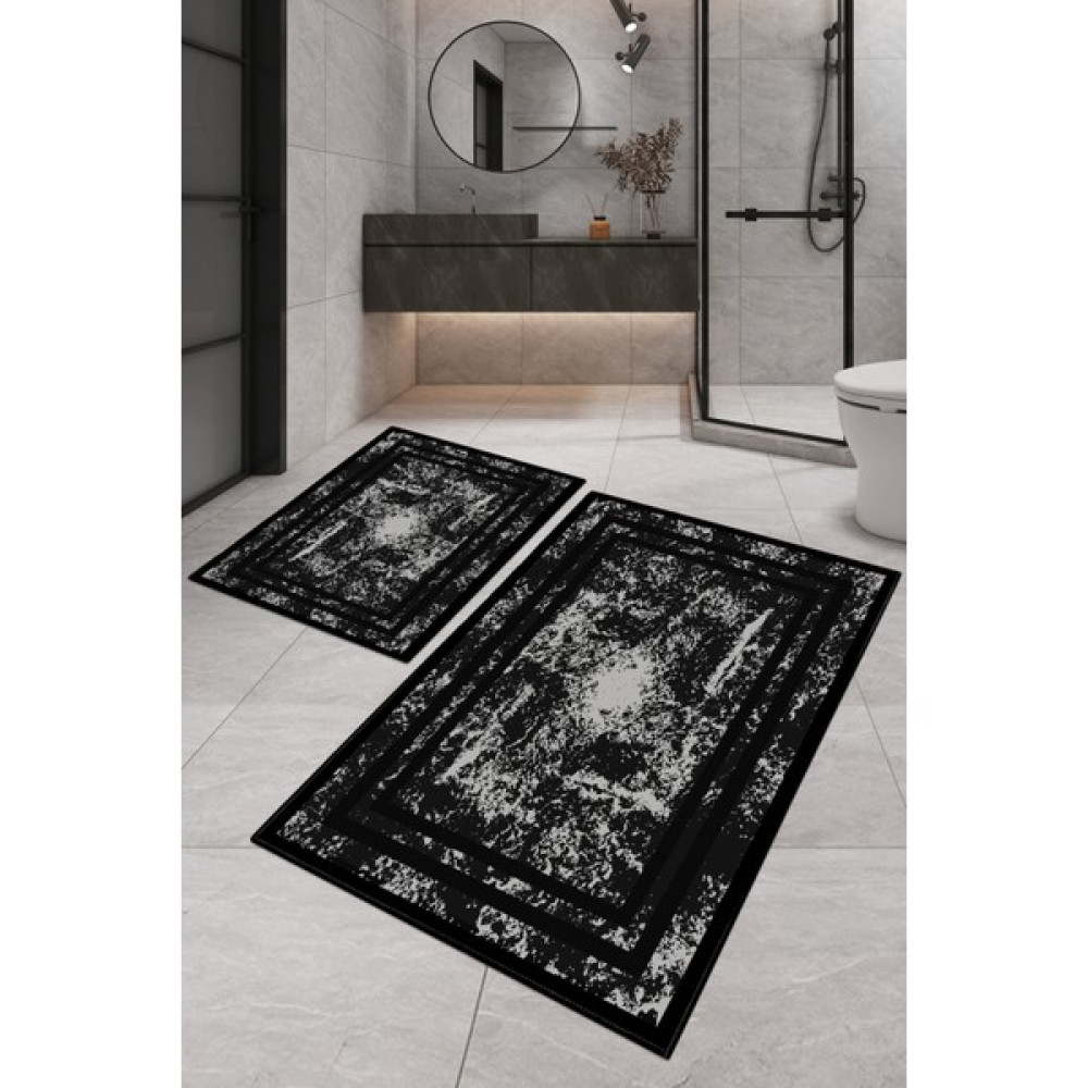 Dijital Baskılı Yıkanabilir Kaymaz Kaydırmaz Dot Taban Dekoratif Modern Banyo Paspas TAKIMI(BPS-811) - Siyah - Kaymaz Taban Klozet Takımı Fiyatı