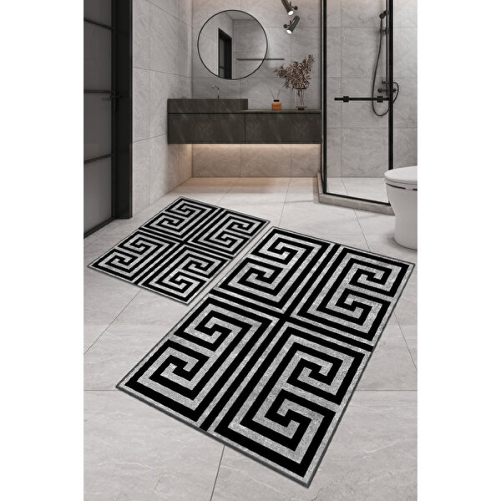 Dijital Baskılı Yıkanabilir Kaymaz Kaydırmaz Dot Taban Dekoratif Modern Banyo Paspas TAKIMI(BPS-878) - Gri - Kaymaz Taban Klozet Takımı Fiyatı