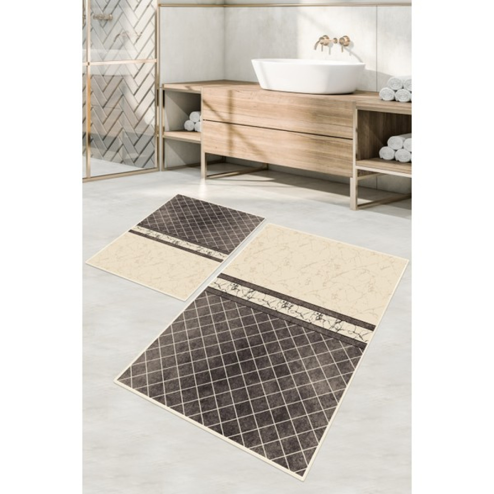 Dijital Baskılı Yıkanabilir Kaymaz Kaydırmaz Dot Taban Dekoratif Modern Banyo Paspas TAKIMI(BPS-920) - Krem - Kaymaz Taban Klozet Takımı Fiyatı