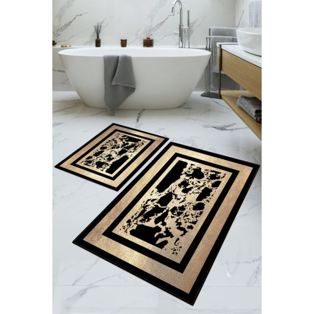 Dijital Baskılı Yıkanabilir Kaymaz Kaydırmaz Dot Taban Dekoratif Modern Banyo Paspas TAKIMI(BPS-933) - Siyah - Kaymaz Taban Klozet Takımı Fiyatı