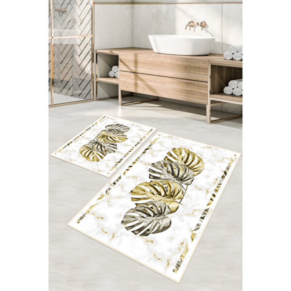 Dijital Baskılı Yıkanabilir Kaymaz Kaydırmaz Dot Taban Dekoratif Modern Banyo Paspas TAKIMI(BPS-950) - Krem - Kaymaz Taban Klozet Takımı Fiyatı