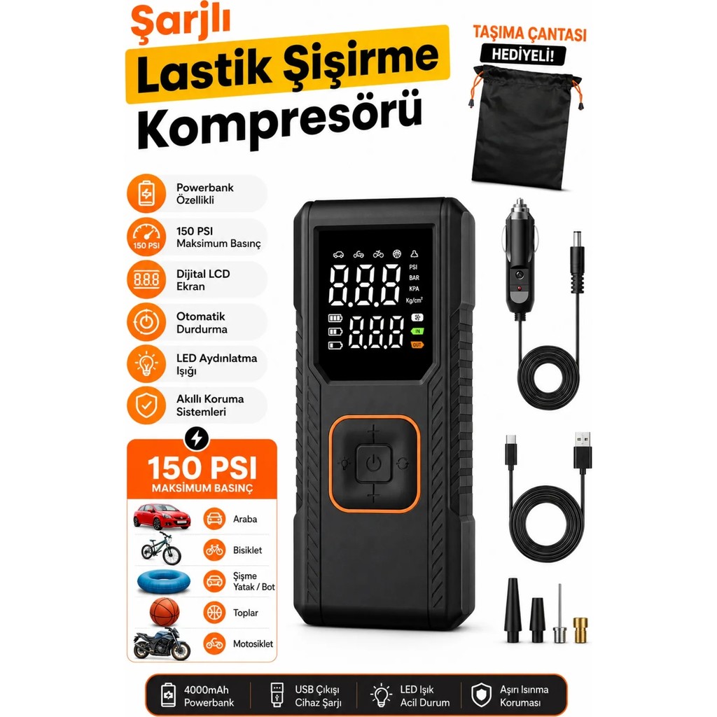 Dijital Göstergeli LED Işıklı Taşınabilir 4500MAH Araç Lastik Şişirme Hava Kompresörü Diğer Fiyatı